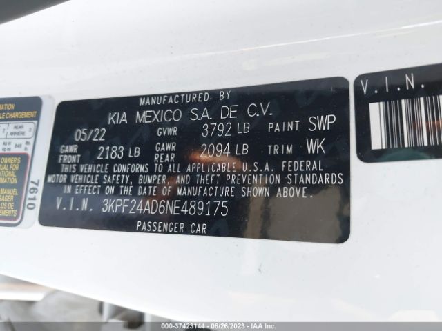 3KPF24AD6NE489175 KIA Forte Lxs