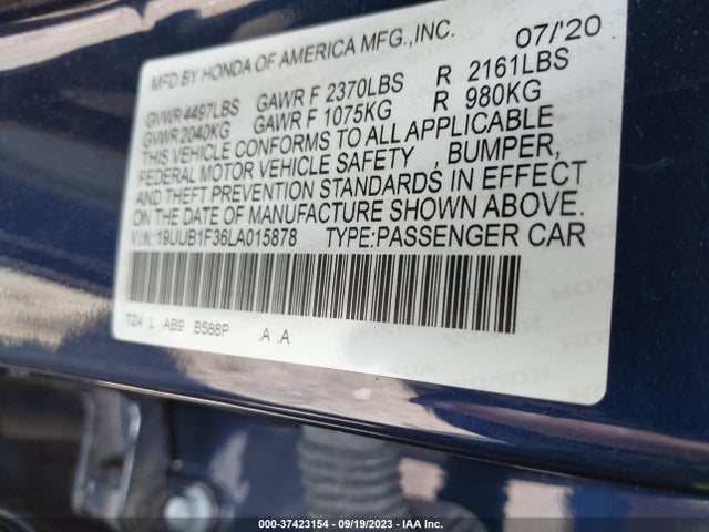 Aukcja sprzedaży 2020 Acura Tlx Standard, vin: 19UUB1F36LA015878, numer aukcji: 37423154