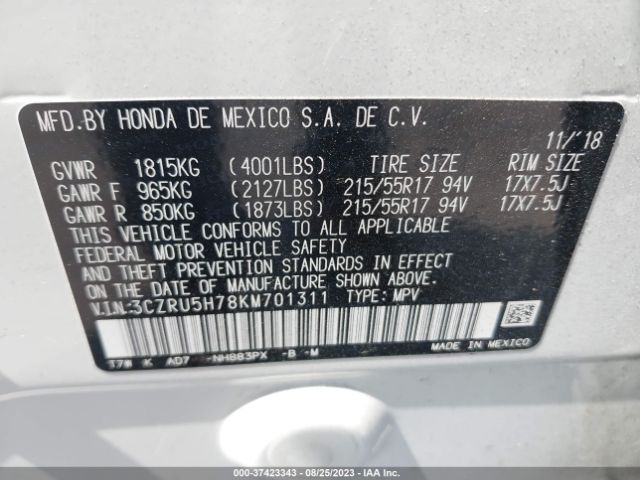3CZRU5H78KM701311 Honda Hr-v Ex-l