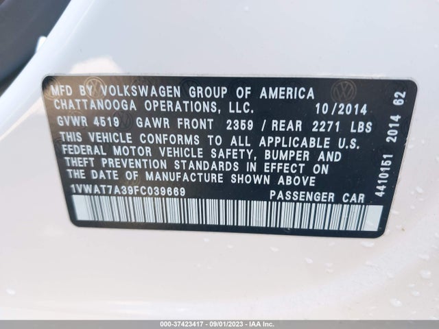 1VWAT7A39FC039669 Volkswagen Passat 1.8t S