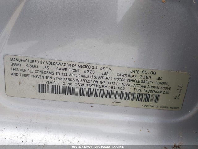 2008 VOLKSWAGEN JETTA SEDAN S VIN: 3VWJM71K58M181023
