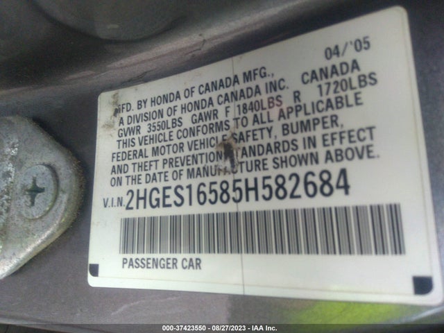 2005 HONDA CIVIC SDN LX VIN: 2HGES16585H582684