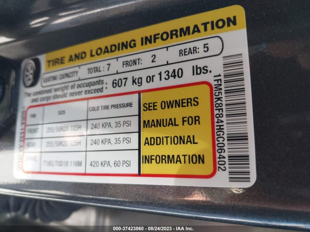 2017 FORD EXPLORER LIMITED VIN: 1FM5K8F84HGC06402