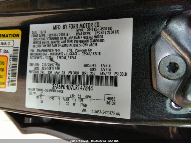 Ford FUSION SE 2020 3FA6P0HD7LR147844 Image 9