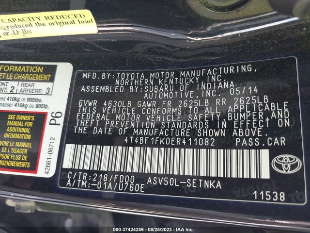 2014 TOYOTA CAMRY L/LE/XLE/SE/SE SPORT VIN: 4T4BF1FK0ER411082