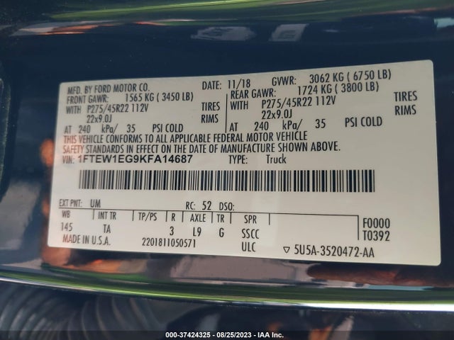 Ford F-150 Limited 2019 1FTEW1EG9KFA14687 Image 9