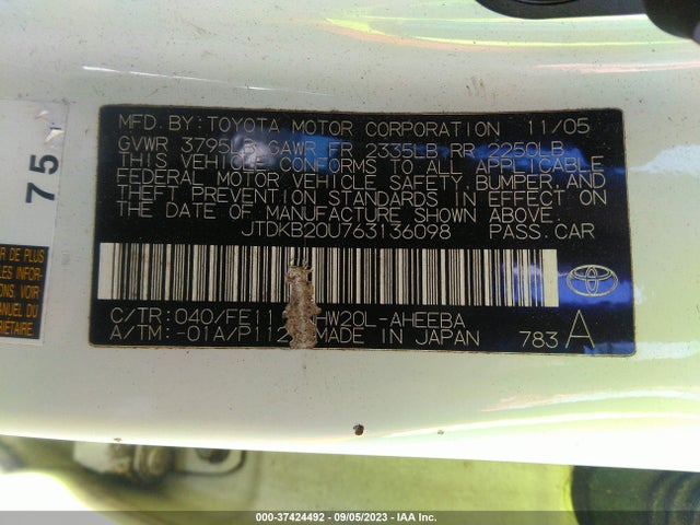 2006 TOYOTA PRIUS VIN: JTDKB20U763136098