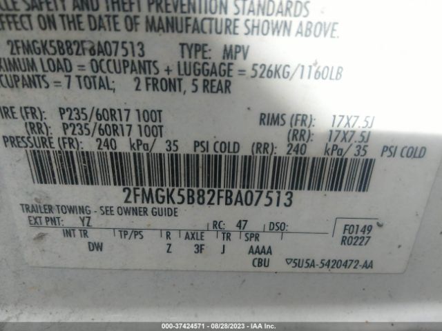 2FMGK5B82FBA07513 Ford FLEX SE