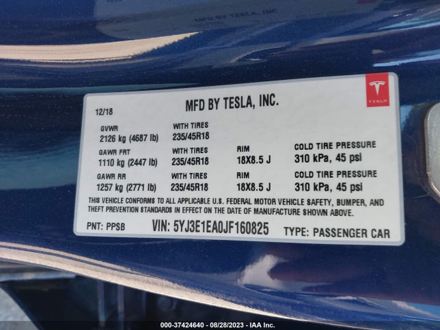 5YJ3E1EA0JF160825 Tesla Model 3 Range Battery