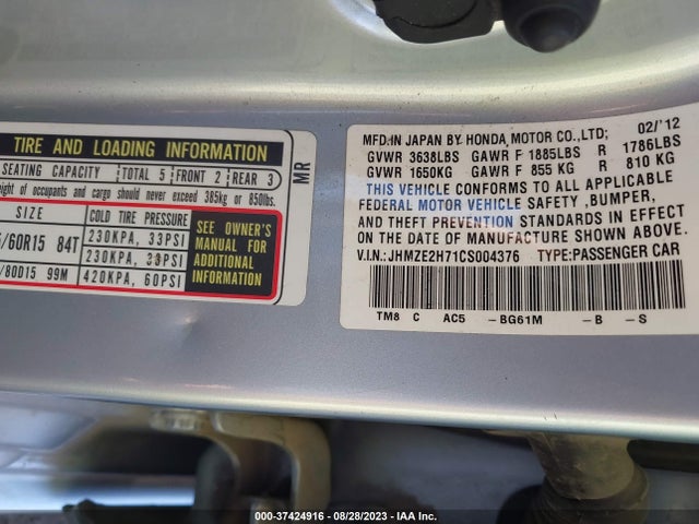 2012 HONDA INSIGHT EX VIN: JHMZE2H71CS004376