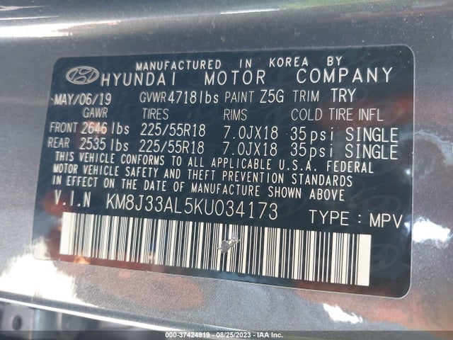 Hyundai TUCSON SEL 2019 KM8J33AL5KU034173 Image 9