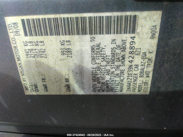 2009 NISSAN ALTIMA 2.5 S VIN: 1N4AL21E39N428894