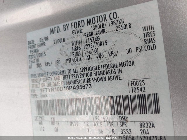2008 FORD RANGER XL/XLT VIN: 1FTYR10D18PA95673