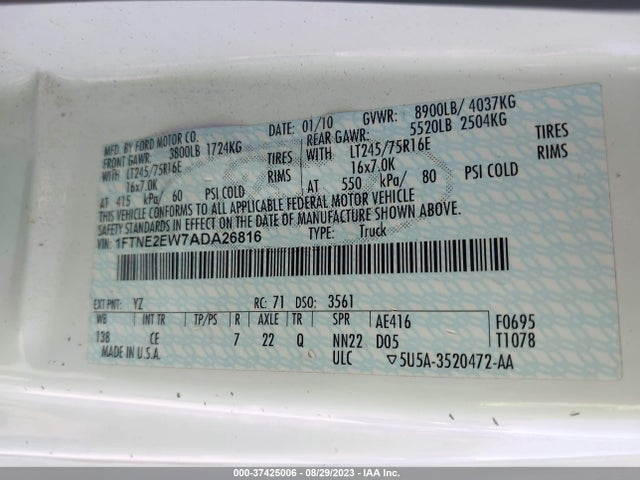2010 FORD ECONOLINE CARGO VAN COMMERCIAL VIN: 1FTNE2EW7ADA26816