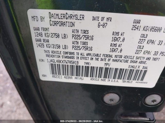 2007 JEEP LIBERTY SPORT VIN: 1J4GL48KX7W705019