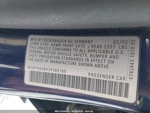 2002 VOLKSWAGEN PASSAT GLX VIN: WVWTH63B92P349190