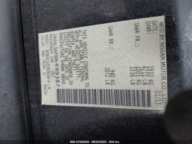 2013 NISSAN ALTIMA 2.5 SV VIN: 1N4AL3AP0DN499387