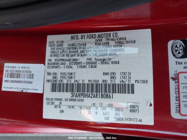 2010 FORD FUSION SE VIN: 3FAHP0HA2AR180861