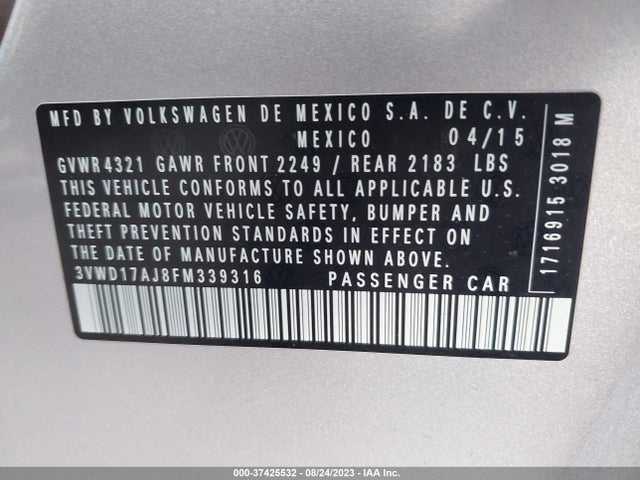 3VWD17AJ8FM339316 Volkswagen Jetta Sedan 1.8t Se W/connectivity