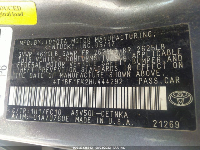 2017 TOYOTA CAMRY XLE/SE/LE/XSE VIN: 4T1BF1FK2HU444292