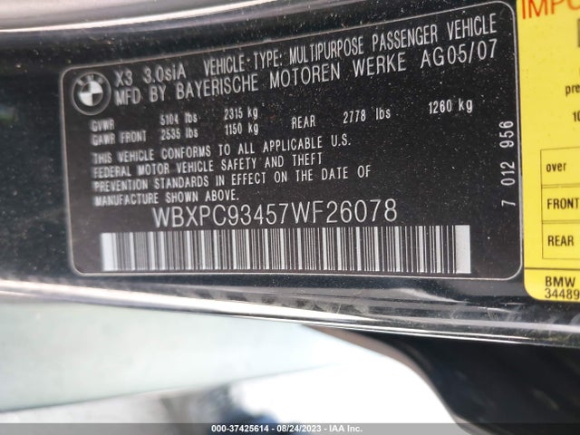 2007 BMW X3 3.0SI VIN: WBXPC93457WF26078