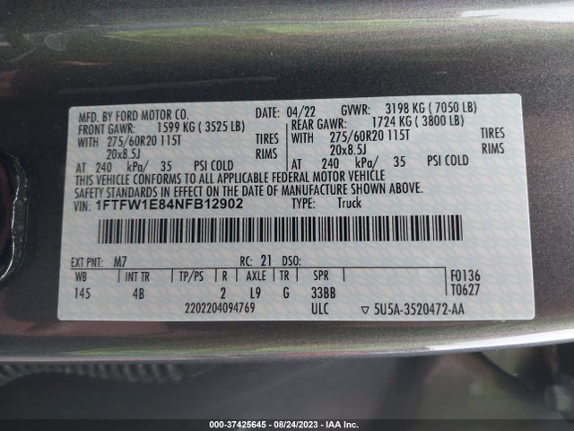 2022 FORD F-150 XL/XLT/LARIAT VIN: 1FTFW1E84NFB12902