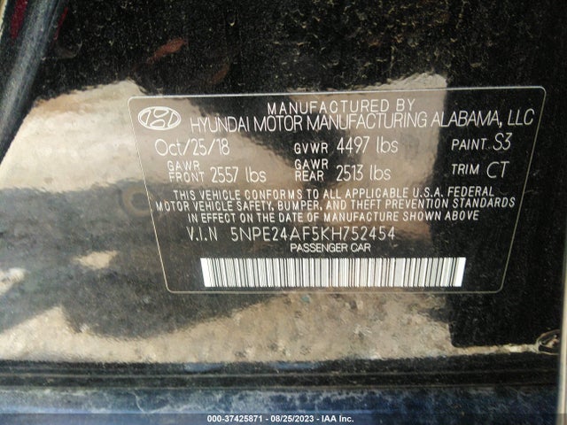 2019 HYUNDAI SONATA SE VIN: 5NPE24AF5KH752454