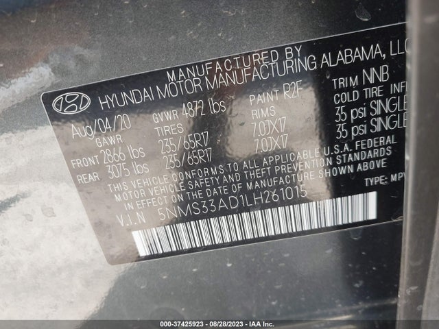 2020 HYUNDAI SANTA FE SEL W/SULEV VIN: 5NMS33AD1LH261015
