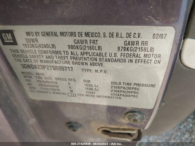 2007 CHEVROLET HHR LT VIN: 3GNDA23P27S609717