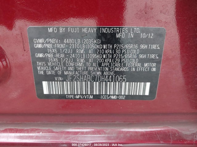 2013 SUBARU FORESTER 2.5X VIN: JF2SHABC7DH441065