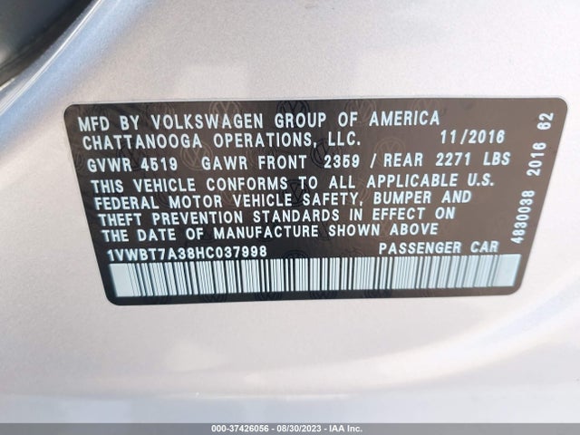 1VWBT7A38HC037998 Volkswagen Passat 1.8t Se