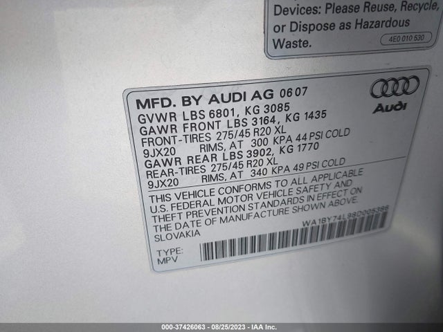 2008 AUDI Q7 3.6 PREMIUM VIN: WA1BY74L98D005386