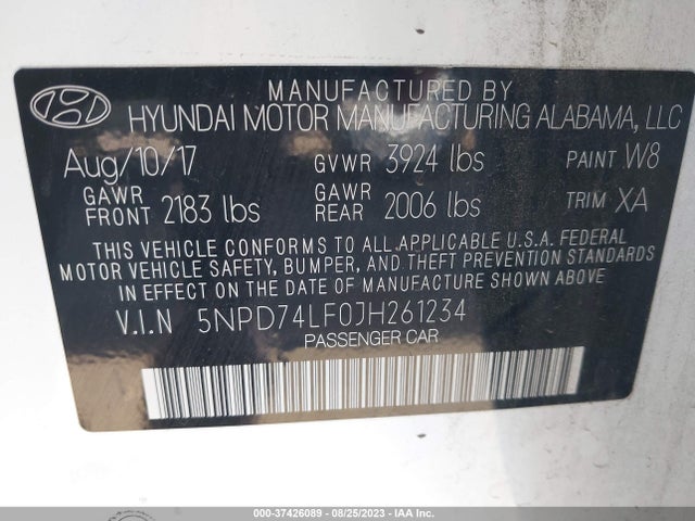 2018 HYUNDAI ELANTRA SE VIN: 5NPD74LF0JH261234
