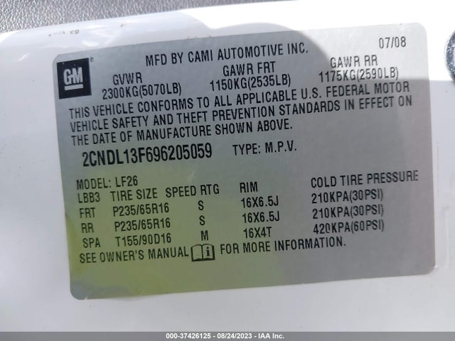 2009 CHEVROLET EQUINOX LS VIN: 2CNDL13F696205059