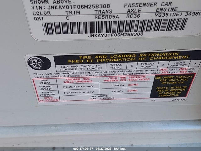 2006 INFINITI M35 VIN: JNKAY01F06M258308