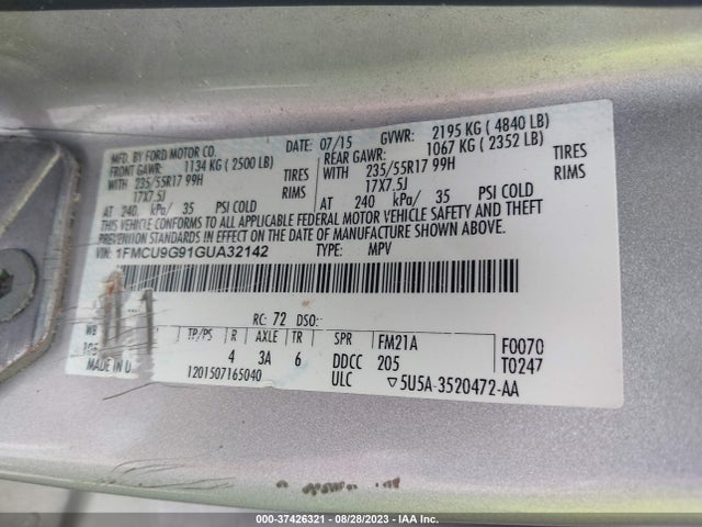 2016 FORD ESCAPE SE VIN: 1FMCU9G91GUA32142