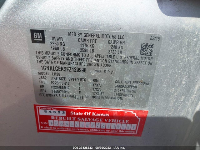 Chevrolet Equinox 2lt 2015 1GNALCEK5FZ129998 Image 9