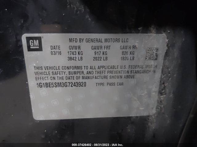 Chevrolet CRUZE LT 2016 1G1BE5SM3G7243920 Image 9