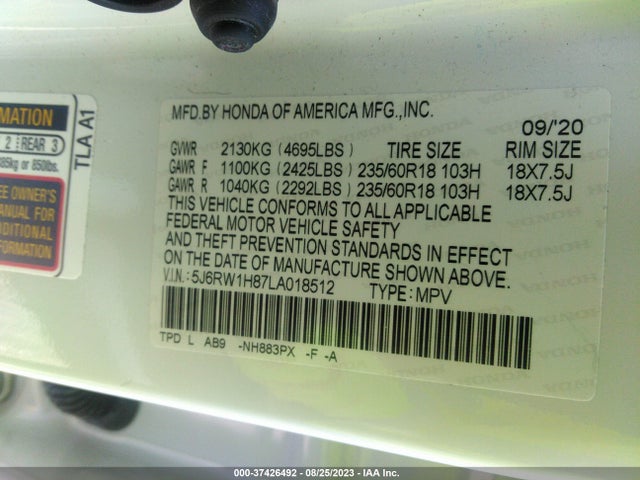 Honda Cr-v Ex-l 2020 5J6RW1H87LA018512 Image 9