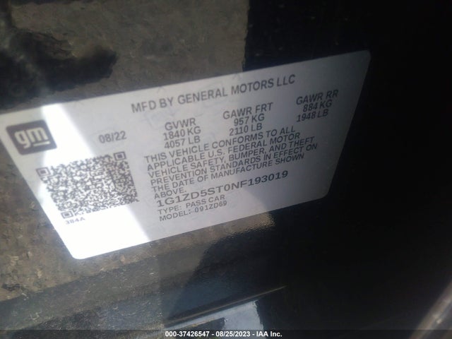 37426547 :رقم المزاد ، 1G1ZD5ST0NF193019 vin ، 2022 Chevrolet Malibu Lt مزاد بيع