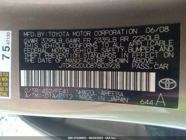 2008 TOYOTA PRIUS VIN: JTDKB20U087803928