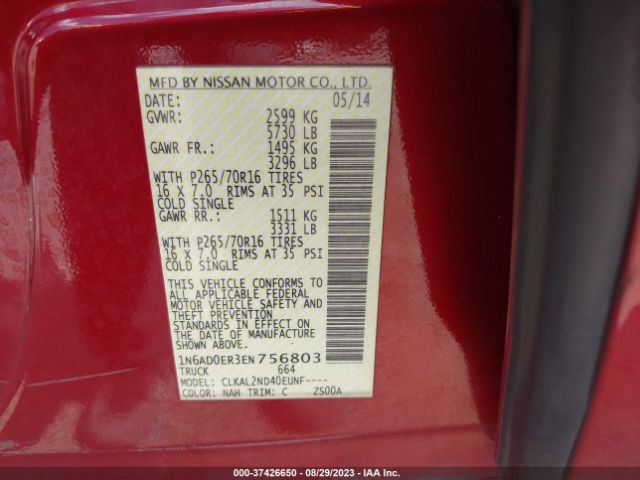 1N6AD0ER3EN756803 Nissan Frontier Sv
