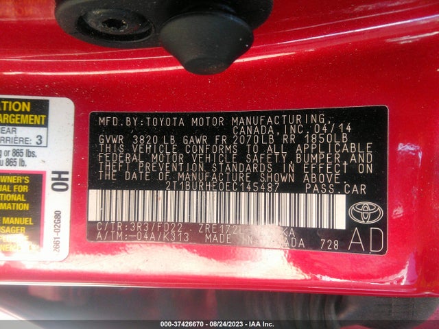 2014 TOYOTA COROLLA L/LE/S/S PLUS/LE PLUS VIN: 2T1BURHE0EC145487