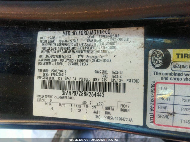 2008 FORD FUSION 3FAHP07Z88R264443 Photo 8
