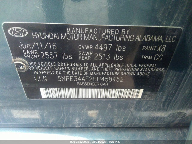 2017 HYUNDAI SONATA SPORT VIN: 5NPE34AF2HH458452