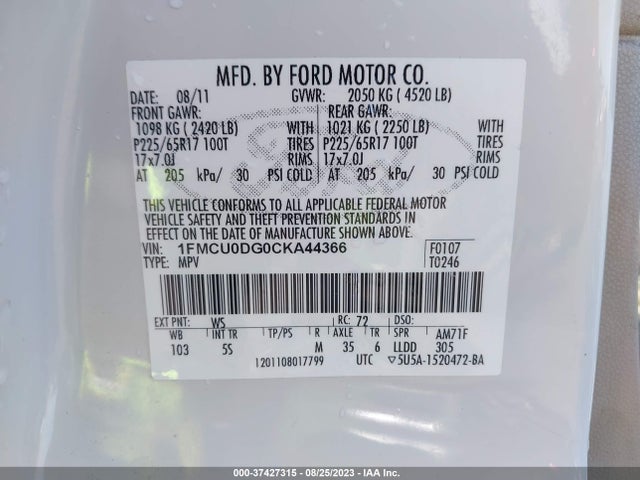 2012 FORD ESCAPE XLT VIN: 1FMCU0DG0CKA44366