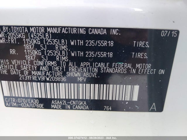 2015 TOYOTA RAV4 LIMITED VIN: 2T3YFREV9FW209896