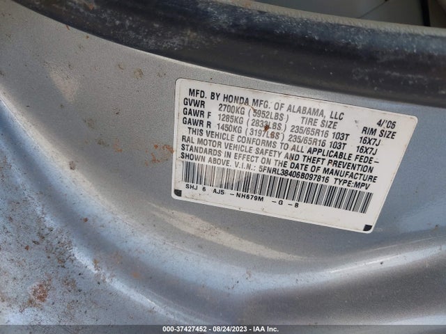 2006 HONDA ODYSSEY EX VIN: 5FNRL38406B097816