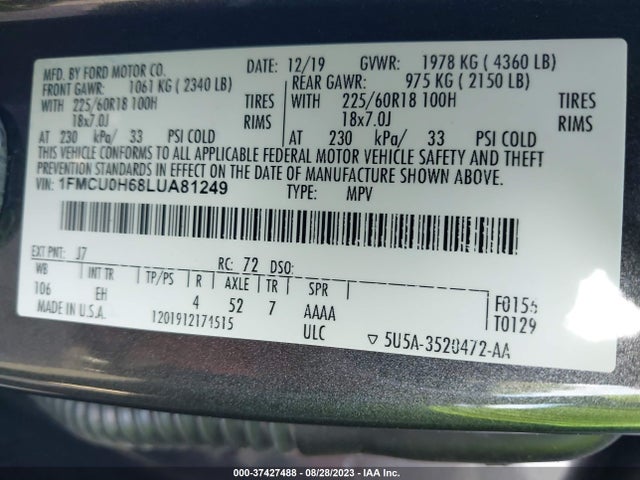 Ford ESCAPE SEL 2020 1FMCU0H68LUA81249 Image 9