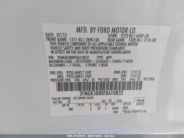 2FMGK5B80FBA10832 Ford FLEX SE